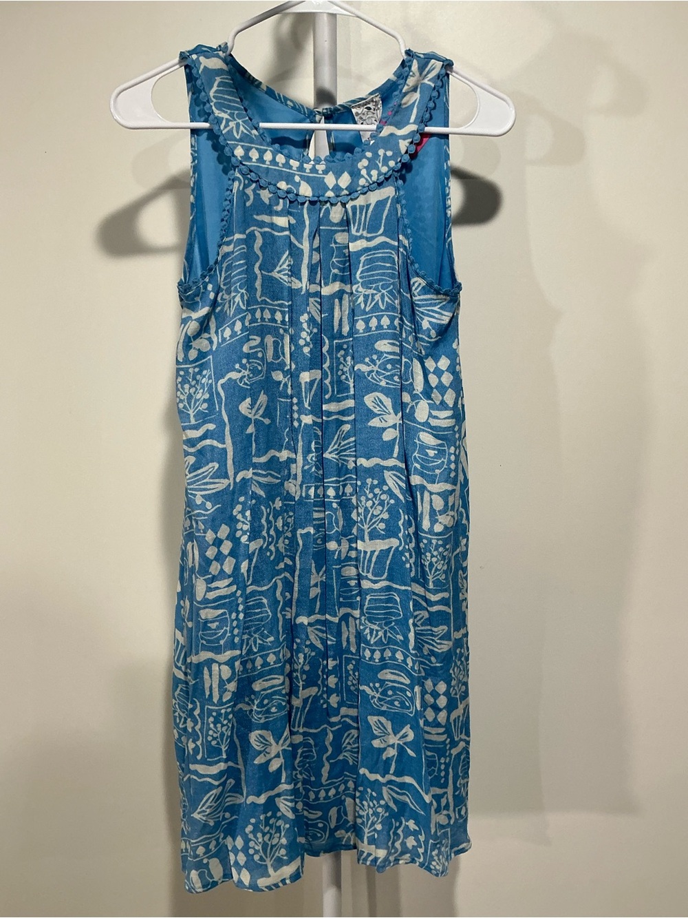 NAIF Blue & White Printed Sleeveless Mini Dress with Embellished Neckline